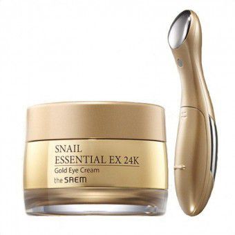 The Saem Snail Essential EX 24K Gold Eye Cream Set - Крем для кожи вокруг глаз с муцином улитки и вибромассажер